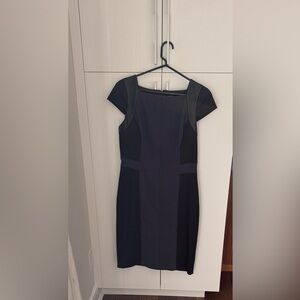 Club Monaco Black and Navy Midi Dress with Faux Leather Trim, Size 10